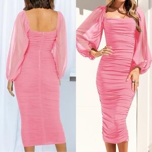 NWT Sexy Ruched Bodycon Midi Dress Long Puff Sleeve Square Neck Backless SIZE‎ M